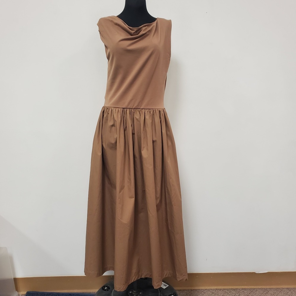 En Saison Maxi Dress Size L Brown Cowl Modest Retro Old Money Classic Ladylike - Picture 2 of 13